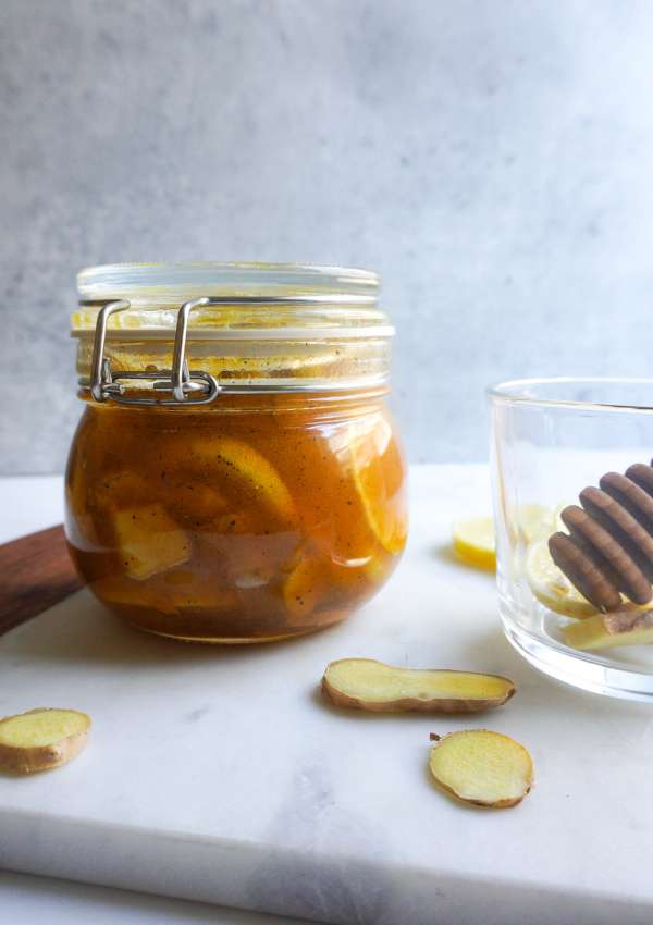 A jar of lemon ginger elixir
