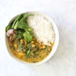 shrimp curry in a bowl with rice