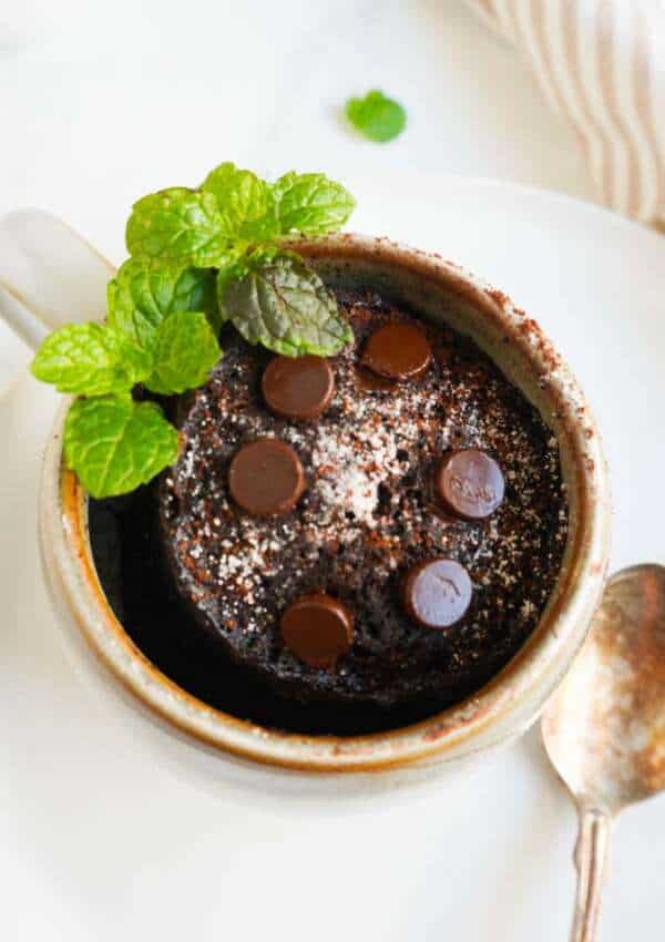 close up shot of gluten free chocolate mug cake