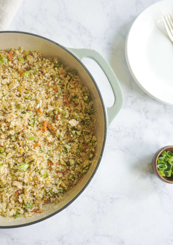 Cauliflower fried rice in a pan