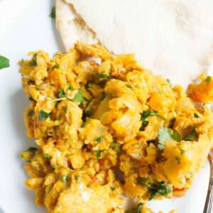 A side shot of khagina in a plate with pita bread and fork