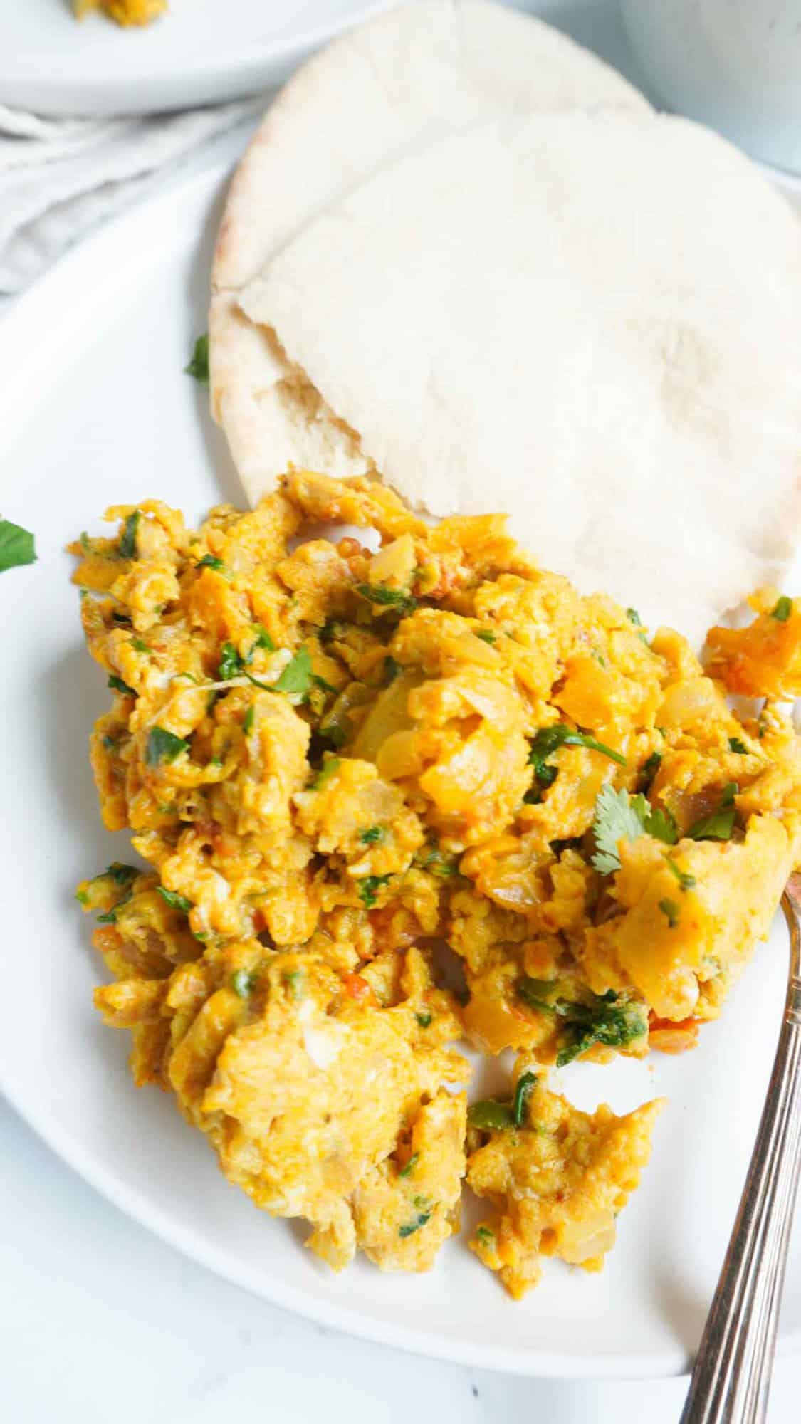 A side shot of khagina in a plate with pita bread and fork