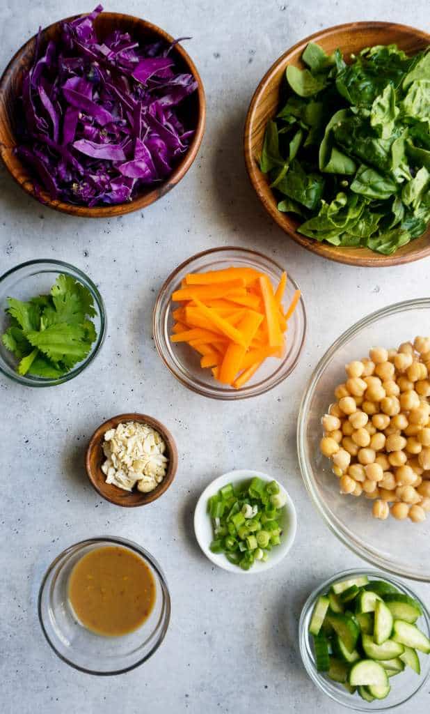 chopped up vegetables for Asian Salad 