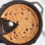 chocolate chip cookie in a cast iron skillet