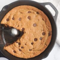 chocolate chip cookie in a cast iron skillet