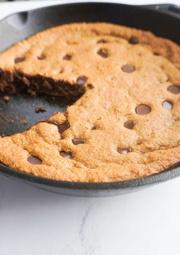 chocolate chip cookie in a skillet