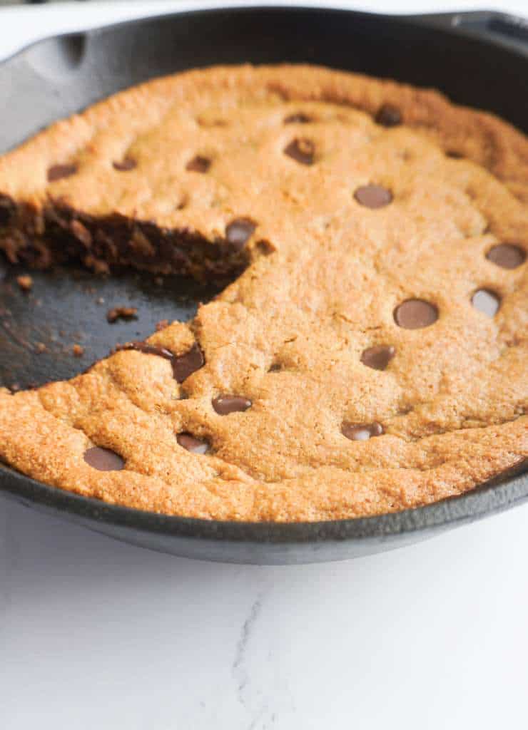 chocolate chip cookie in a skillet