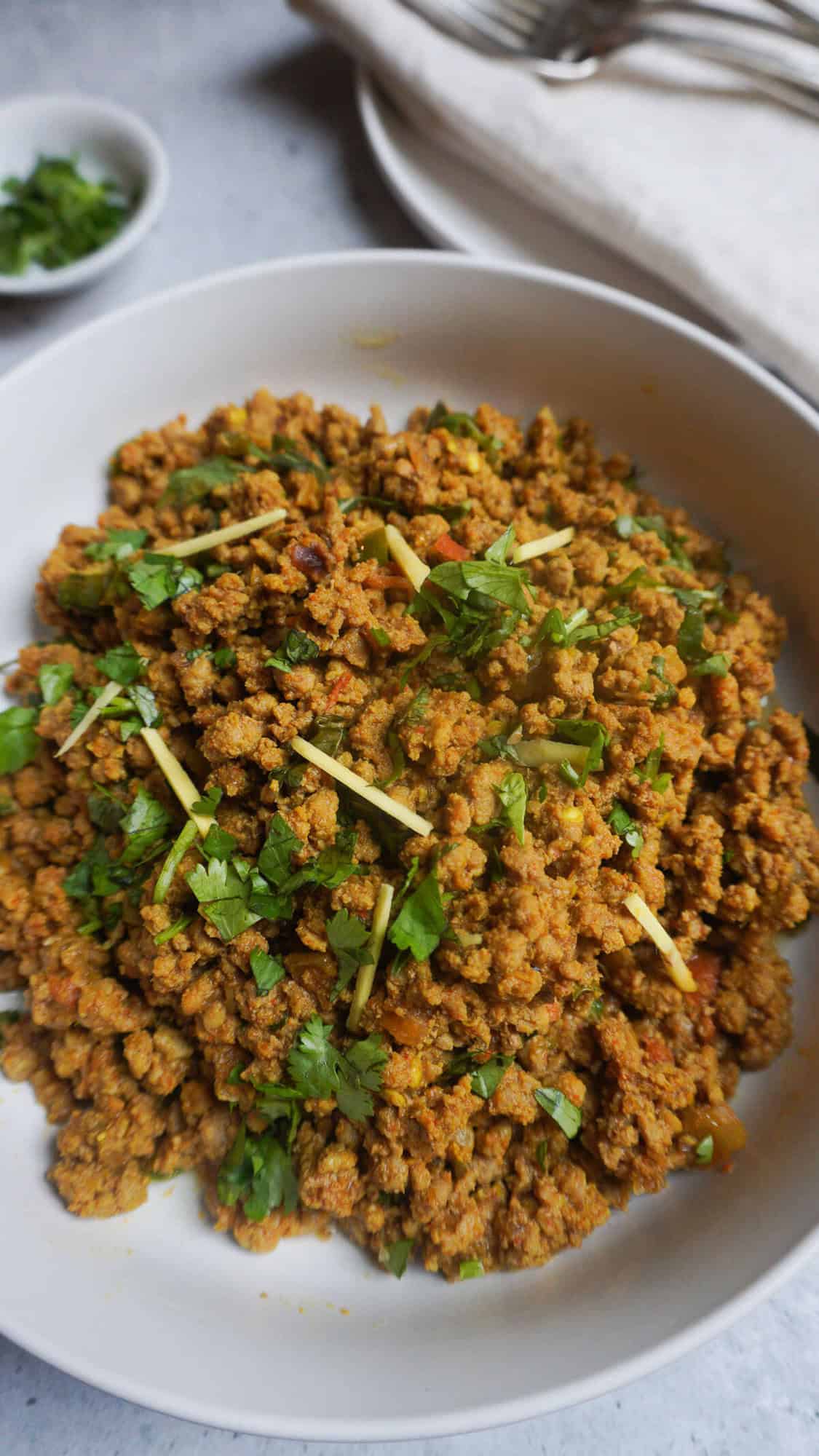 close up shot of a bowl of Pakistani keema curry