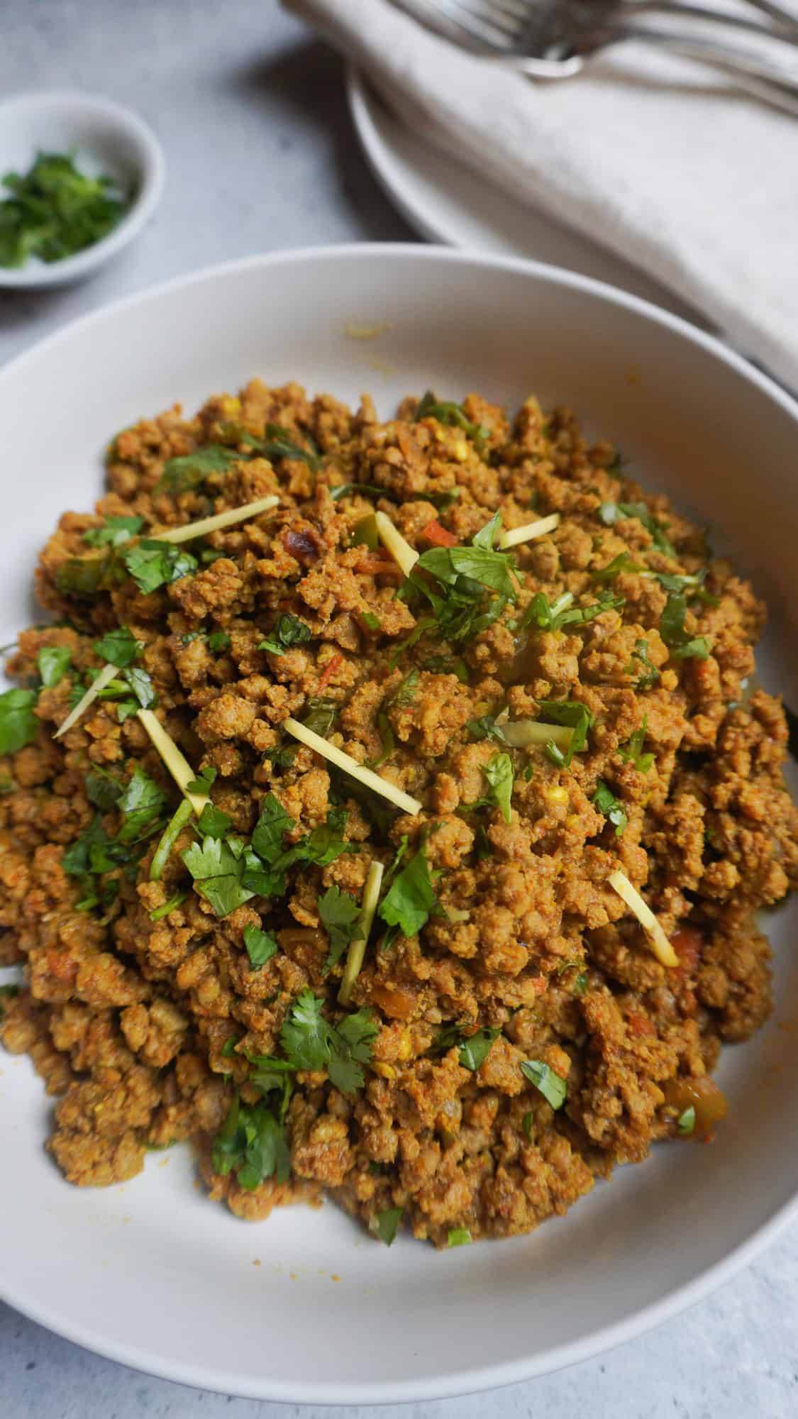 close up shot of a bowl of keema curry