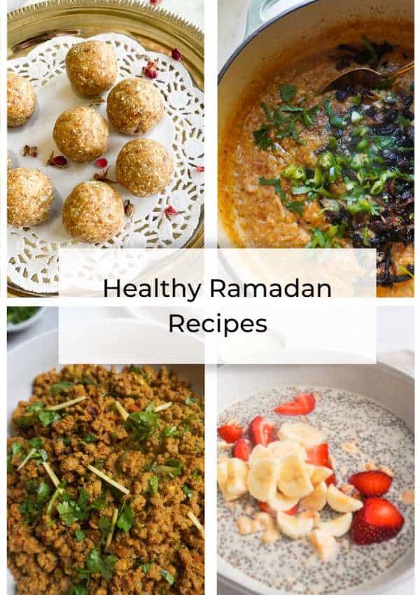blog graphic for healthy ramadan recipes with 4 pictures and title in the middle