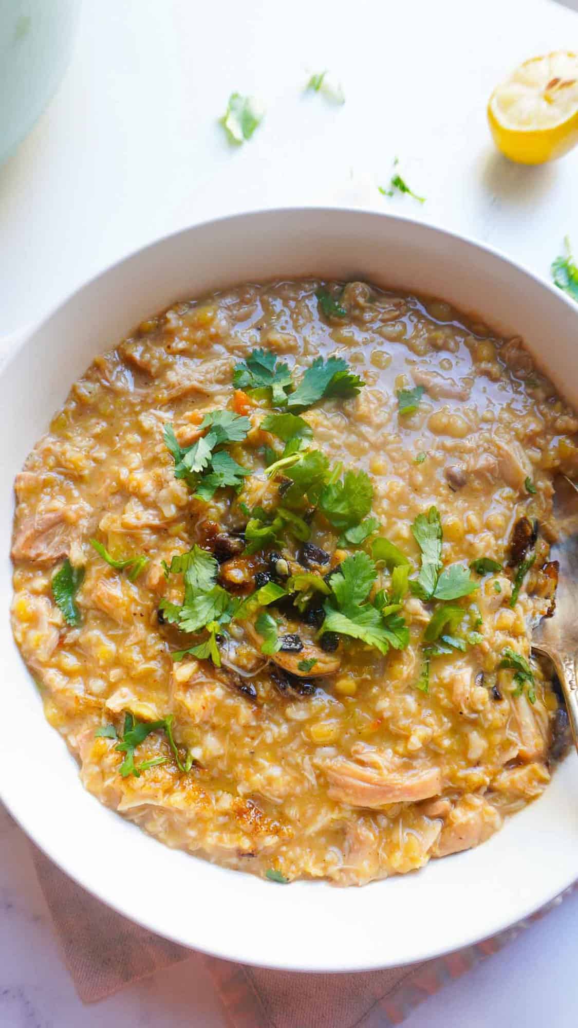 A bowl of haleem with fried onion and cilantro garnish. A spoon to the side.