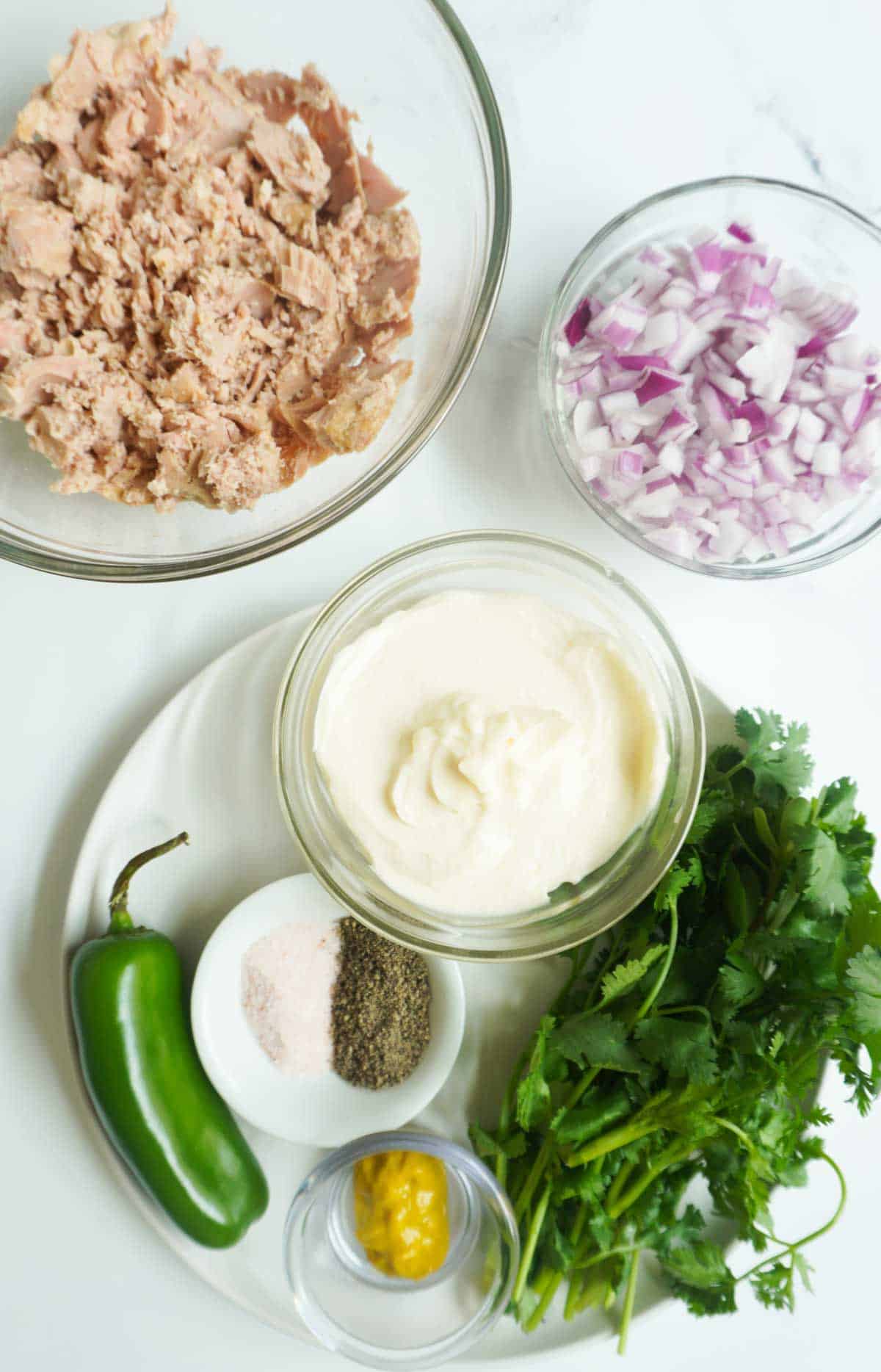 a plate with seasonings and herbs for tuna spread with a bowl of canned tuna and a bowl of chopped red onion to the side