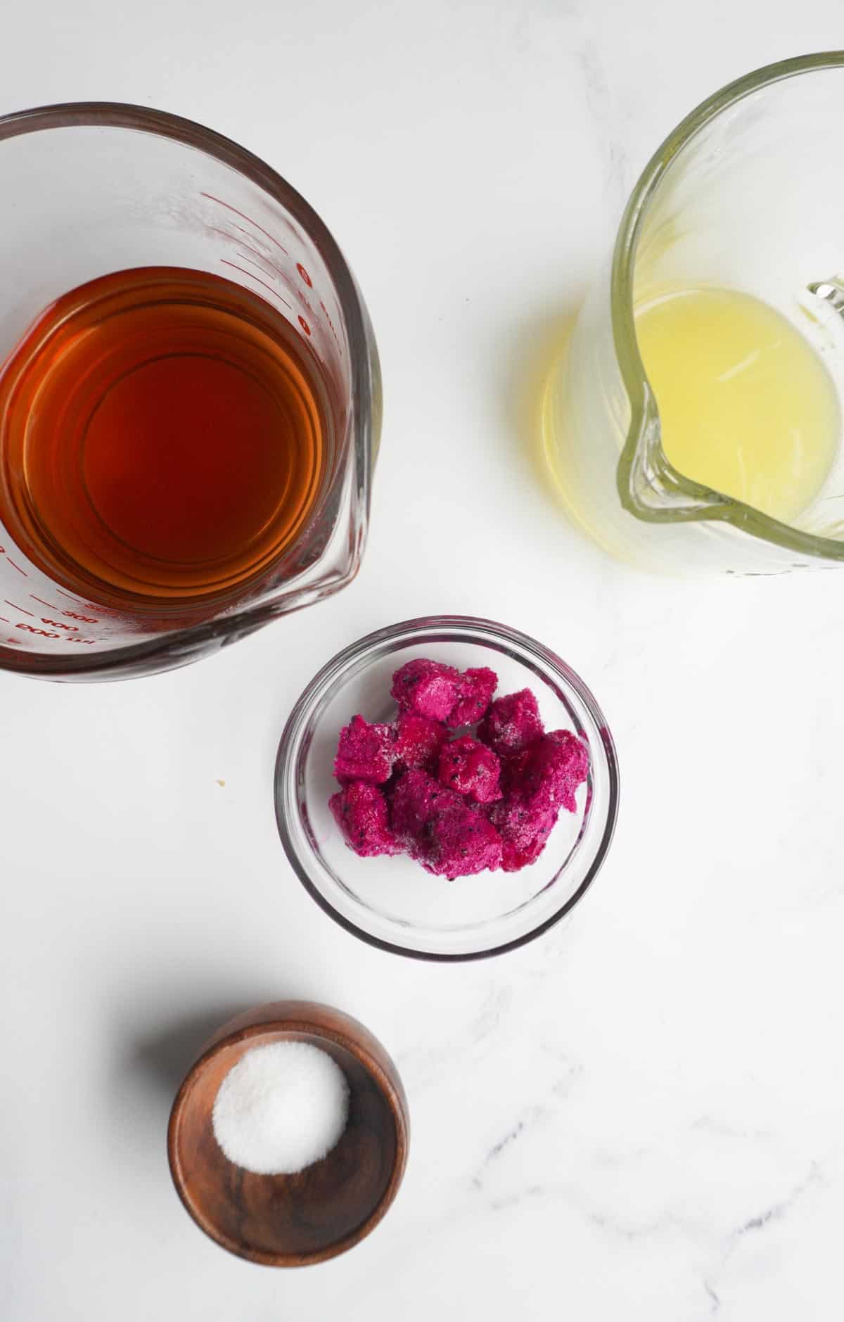 portioned out Ingredients for mango dragonfruit lemonade 