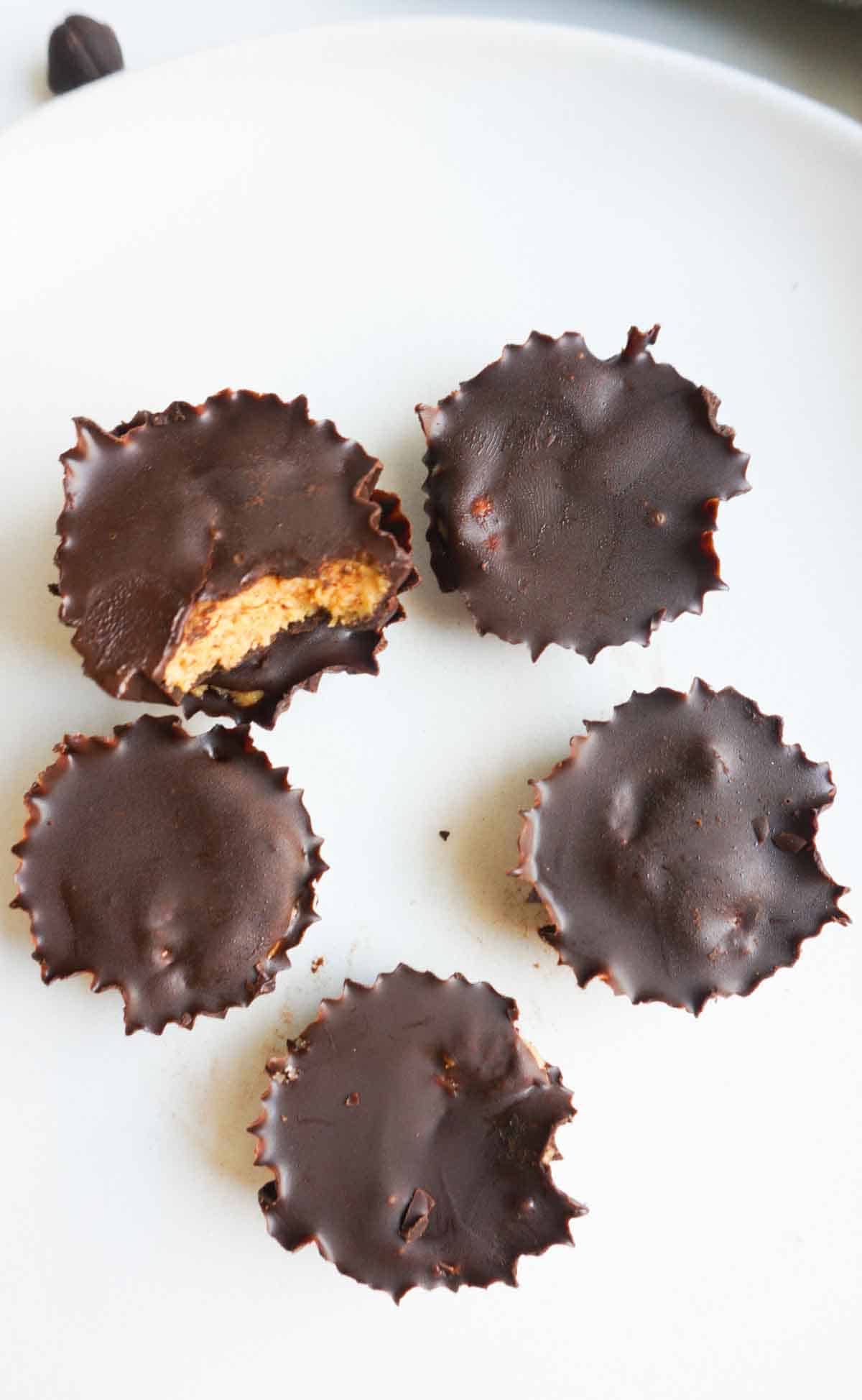 flat lay of dark chocolate peanut butter cups
