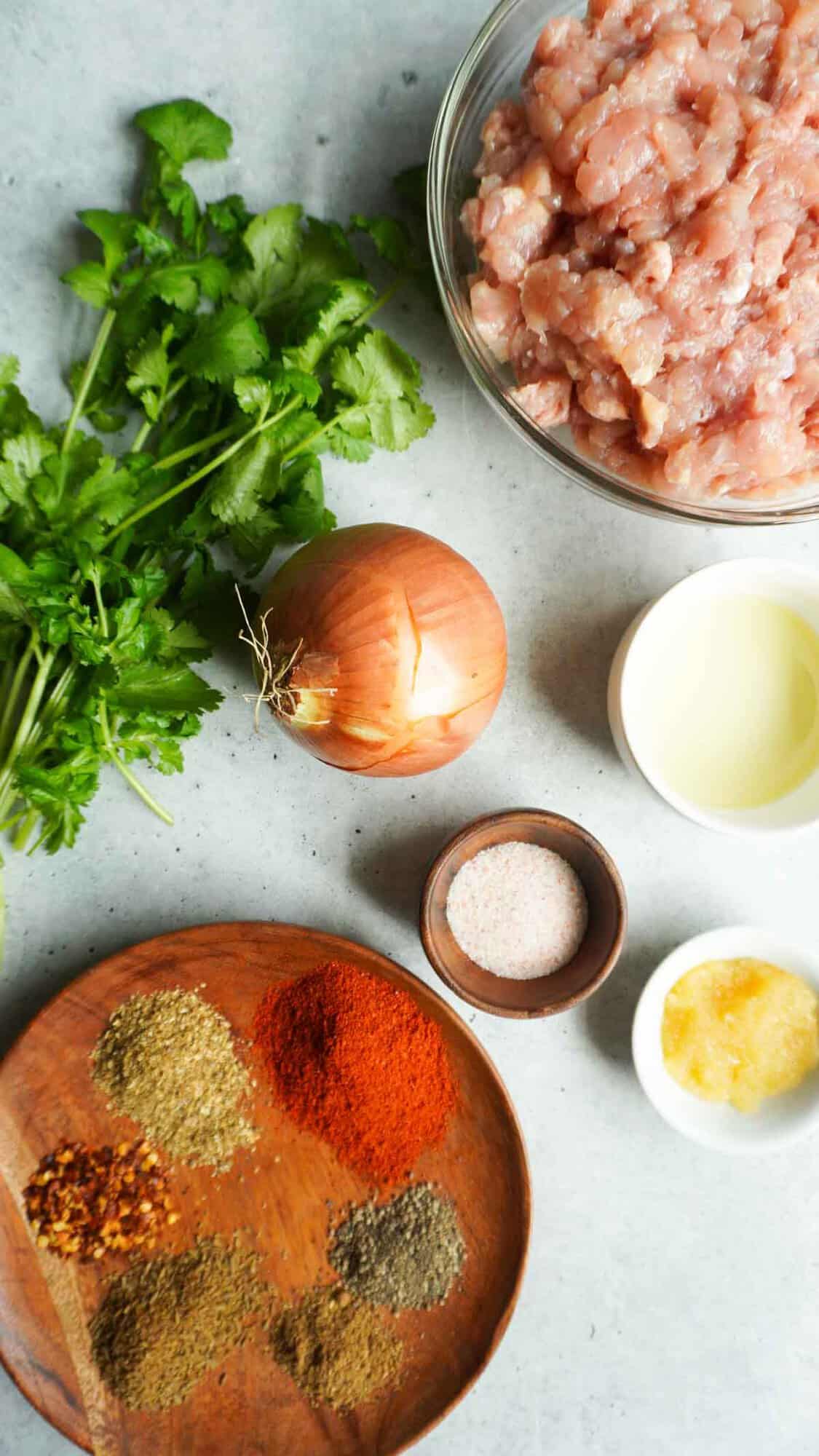 Chicken seekh kabab ingredients flat lay