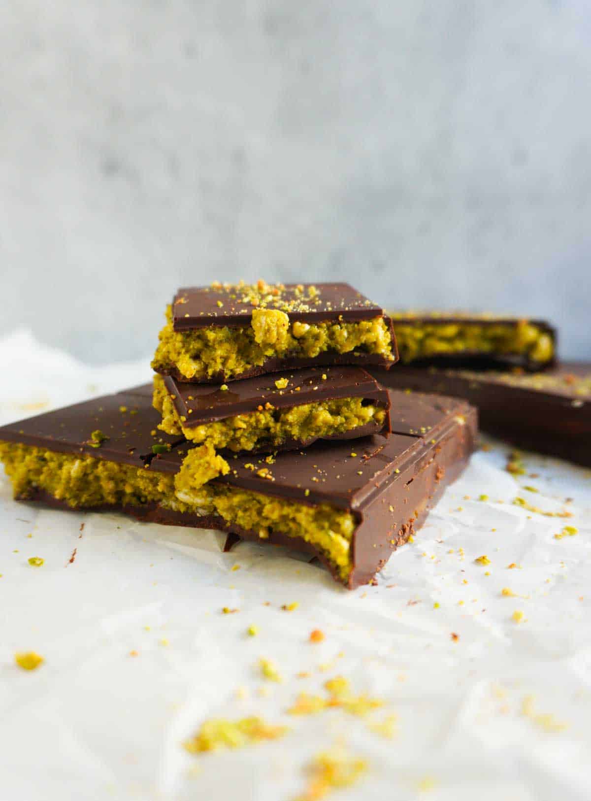 A stack of gluten free Dubai chocolate broken up with filling oozing out