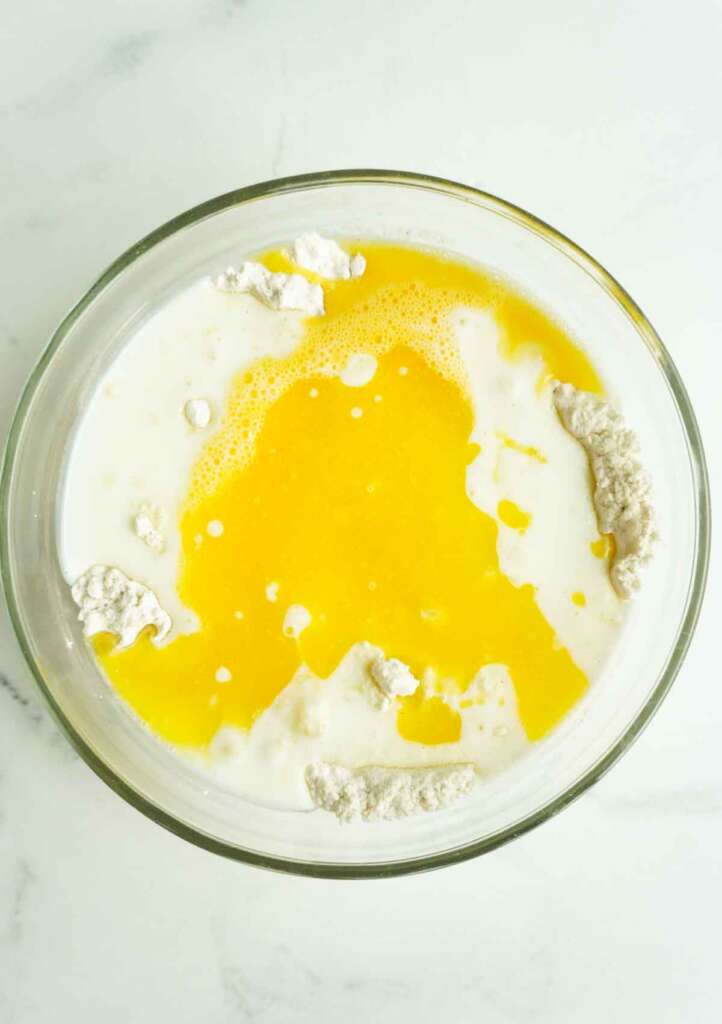 A bowl with pancake ingredients